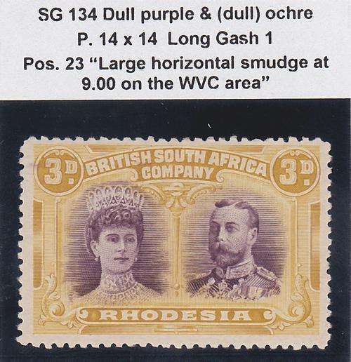 Rhodesia 1910 3d Double Head - SACC 134 Pos. 23 Horizontal Smudge