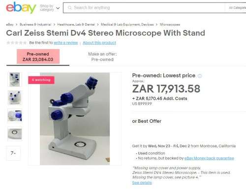 Carl Zeiss Stemi DV4 Stereo Microscope with Stand, retails for over R20 000.00