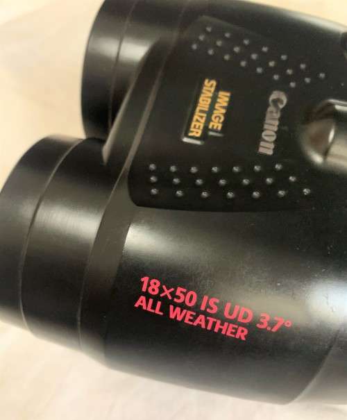 Crystal clear view, Canon 18x50 image-stabilized binoculars.