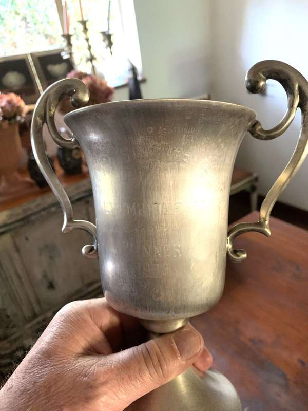 Silver trophy as per photos, 27cm H, 18cm W, 13cm L