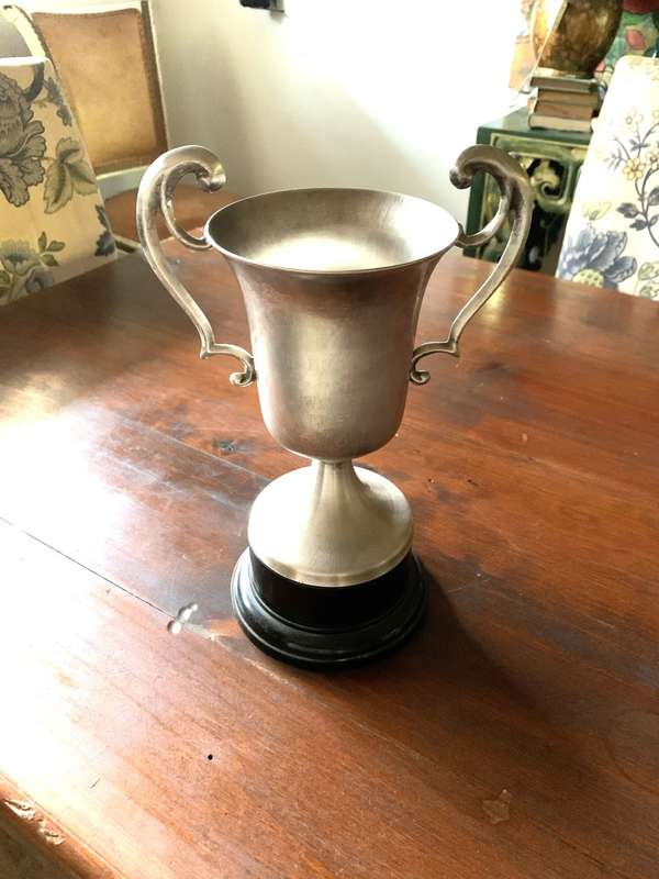 Silver trophy as per photos, 27cm H, 18cm W, 13cm L