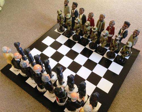 Political Chess Set of South Africa in the 'apartheid' era prior to 1994, hand made.