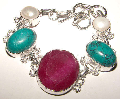 Ruby and Turquoise Silver Bracelet