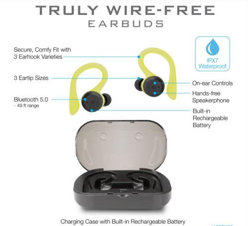 Newmine Truly Wireless Bluetooth Earbuds, Sporty Hook, Charging Case, IPX Waterproof, Black
