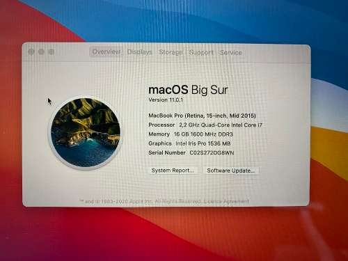 Apple Macbook Pro 15incl Notebook with Retina Display i7 cup 2.2g , 16gb Ram, 256G SSD