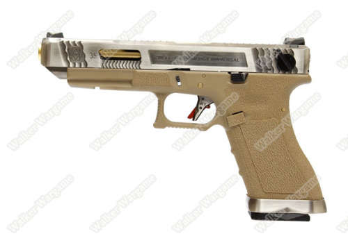 WE Special Custom Glock 35 Full Auto GBB Pistol Transformers Type (Silver Slide, Tan Frame, Gold Bar
