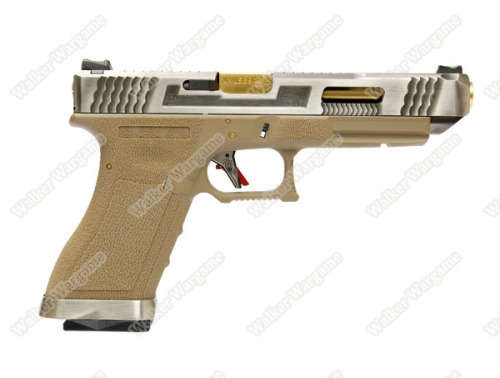 WE Special Custom Glock 35 Full Auto GBB Pistol Transformers Type (Silver Slide, Tan Frame, Gold Bar