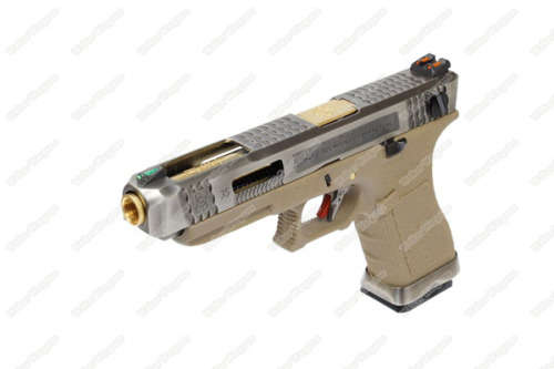 WE Special Custom Glock 35 Full Auto GBB Pistol Transformers Type (Silver Slide, Tan Frame, Gold Bar