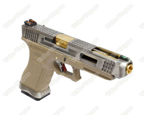 WE Special Custom Glock 35 Full Auto GBB Pistol Transformers Type (Silver Slide, Tan Frame, Gold Bar