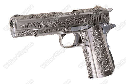 WE Colt 1911 Special Etched Version Full Metal Green Gas Pistol - Silver