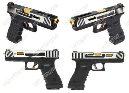 WE Special Custom Glock 17 GBB Pistol Transformers Type (Silver Slide, Black Frame, Gold Barrel)