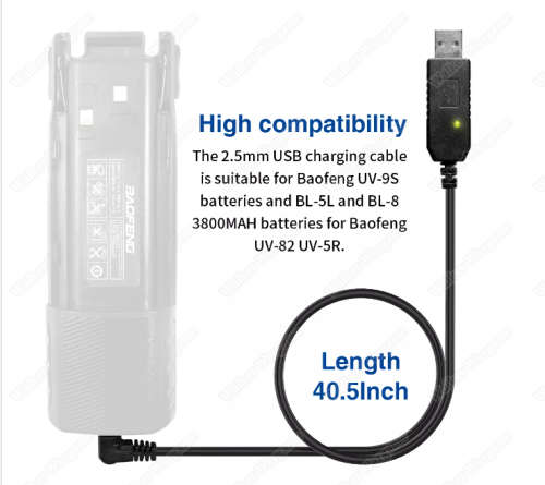 Baofeng Radio USB Charger Cable For UV-5R 3800mAh Long Battery