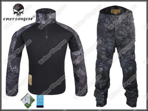 Combat Set Shirt & Pants Build in Elbow & Knee Pads - Night OPS Black TYP Typhon Camo Size L
