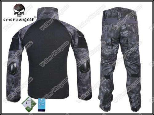 Combat Set Shirt & Pants Build in Elbow & Knee Pads - Night OPS Black TYP Typhon Camo Size L