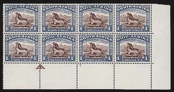 SA 1933 PICTORIALS 1 SHILLING BOTTOM ARROW/RIGHT CORNER BLOCK OF 8 VERY FINE MINT. CAT R2250++ !!!!!