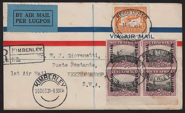 SA 1931 AIRMAIL COVER TO SWA WITH 1s AIR +1928 LONDON OFFICIAL BLOCK WITH VARIETIES. SEE DESCRIPTION