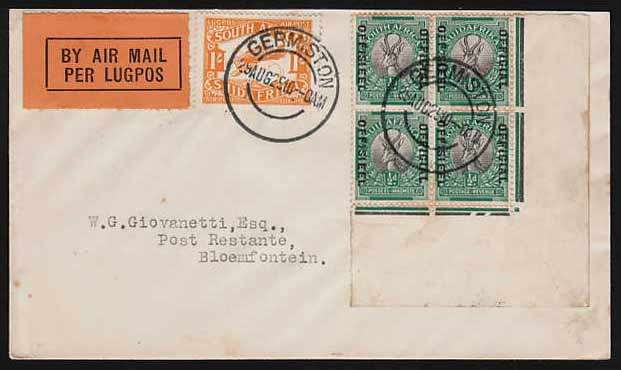 SA 1929 OFFICIALS SPRINGBOK BOTTOM RIGHT CORNER BLOCK WITH TWO CUTS ON AIRMAIL COVER
