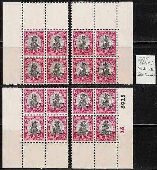 SA 1947 SCREENED PICTORIALS 1d CYL 36-6925 THE FOUR CORNERS BLOCKS VERY FINE UNMOUNTED MINT.