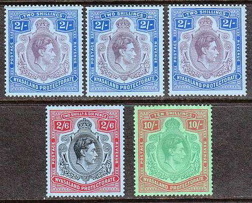 BCA NYASALAND 1938 KGVI 2/- (3), 2/6d AND 10/- FINE LIGHTLY MOUNTED MINT. C/V R1350