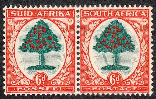 SA 1933-47 PICTORIALS 6d PAIR WITH SCARCE FALLING LADDER VARIETY  SACC 60c LMM C/V R1950