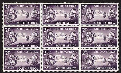 1952 VAN RIEBEECK 2d SHIP BLOCK OF 9 WITH FULL MOON VAR ON CENTRE STAMP MNH