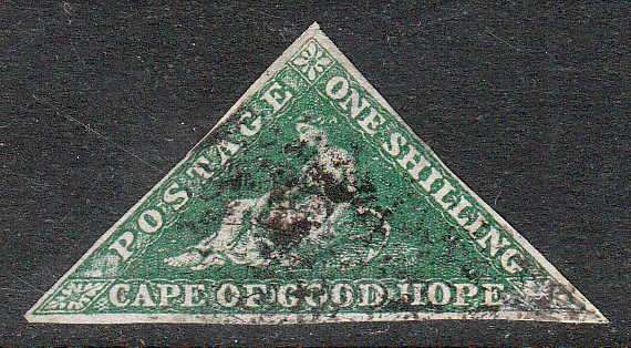 CGH 1855 TRIANGULARS 1/- DEEP DARK GREEN SACC 8b USED, MARGINS AS PER SCAN. C/V R6000