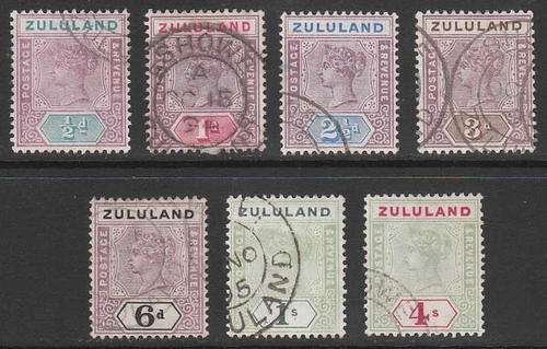 ZULULAND 1894 ISSUE 7 VALUES TO 4/- USED, SEE DESRIPTION. SACC BETWEEN 14-21 C/V R3405
