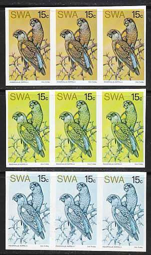 SWA 1974 RARE BIRDS 15c THREE VERY SCARCE COLOUR PROOFS IN STRIPS OF 3 VERY FINE MNH