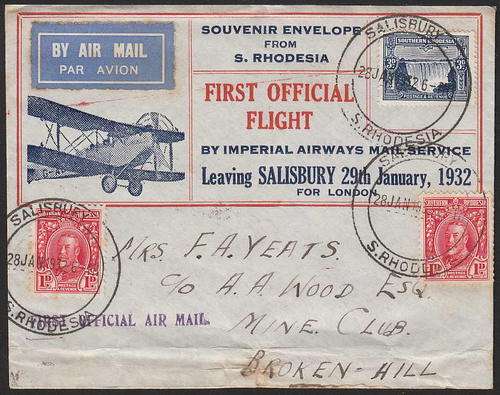 S RHODESIA 1932 FIRST OFFICIAL AIRMAIL ILLUSTRATED COVER SALISBURY - BROKEN HILL