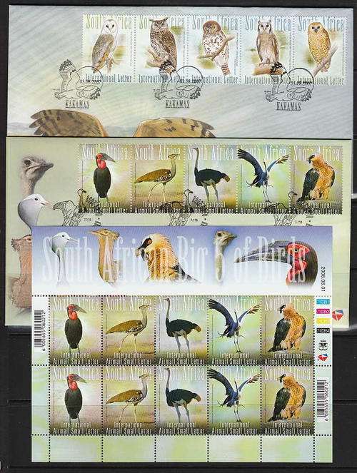 SOUTH AFRICA 2008 BIG 5 OF BIRDS MNH SHEETLET AND THE TWO FDC'S.