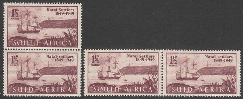 SA 1949 NATAL SETTLERS EXTENDED MAST PLUS PENNANT FLAW VARIETIES FINE LMM PAIRS. C/V R800 FOR MNH