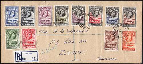BECHUANALAND 1955 QEII SET 12 VALUES ON COVER WITH LOBATSI 3 FEB 1961 CANCELS. C/V R1140