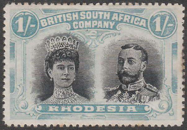 RHODESIA DOUBLE HEADS 1/- PERF 15 MINT AS PER DESCRIPTION. MEDAL MARK VAR. SG177 R30.000