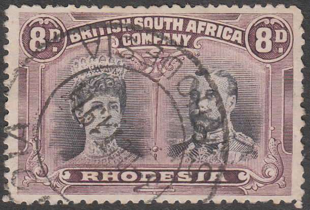 RHODESIA DOUBLE HEADS 8d perf 131/2 BLACK AND PURPLE FINE USED. SG185 R5750