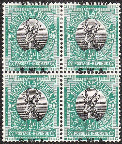 SOUTH WEST AFRICA 1927 PICT 1/2d BLOCK OF 4 WITH OVERPRINT SHIFTED INTO MARGIN FINE MINT SACC 81