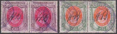 UNION 1913 REVENUES 10 POUND AND 25 POUND FINE USED PAIRS WITH EXCELLENT COLOURS C/V R1500 SEE BELOW