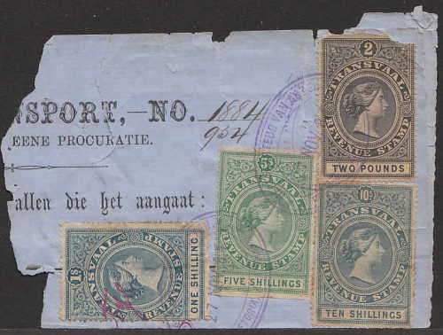 TRANSVAAL 1881 FOUR REVENUE STAMPS USED ON SMALL PART DOCUMENT. CONDITION AS PER SCAN.