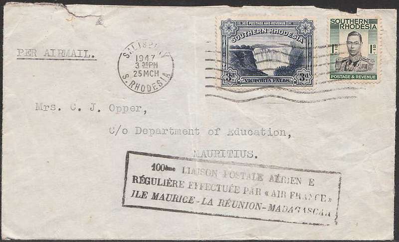 1947 COVER S RHODESIA TO MAURITIUS WITH SPECIAL MAURITIUS - LA REUNION - MADAGASCAR FLIGHT CACHET