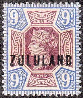 ZULULAND 1888 ISSUE 9d DULL PURPLE AND BLUE MINT. SACC 9 C/V R2000. SEE DESRCIPTION