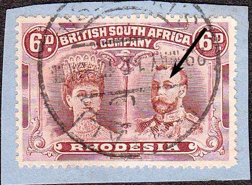 RHODESIA 1910 DOUBLE HEADS 6d WITH KING'S EYEBROW VARIETY FINE USED ON PIECE. SACC 144 R700++
