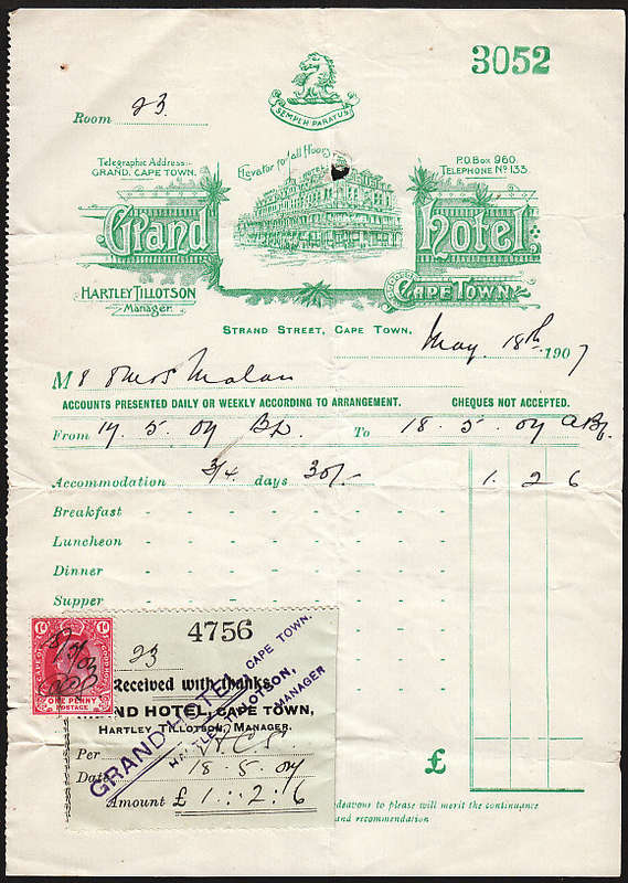 1907 GRAND HOTEL CAPE TOWN ATTRACTIVE INVOICE WITH RECEIPT BEARING KEVII 1d STAMP