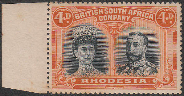RHODESIA 1910 DOUBLE HEADS 4d PERF 15 BLACK AND ORANGE MNH. SACC 174 R600. SEE BELOW
