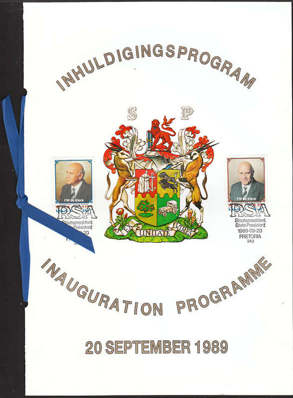 RSA 1989 HAND SIGNED STATE PRESIDENT FW DE KLERK VIP INAUGURATION PROGRAM. ALL PAGES SCANNED