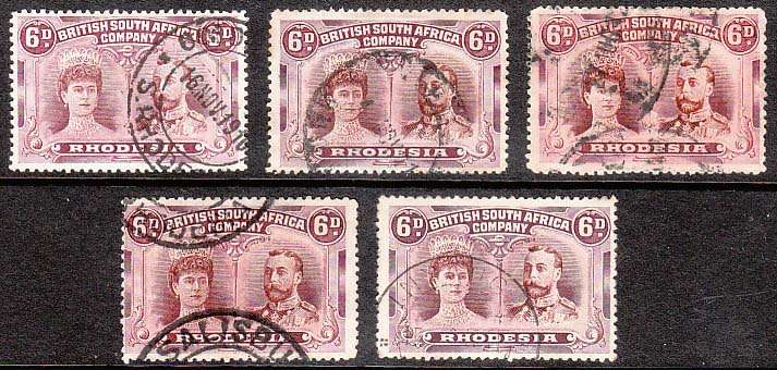 RHODESIA 1910 DOUBLE HEADS 6d X 5 SHADES USED