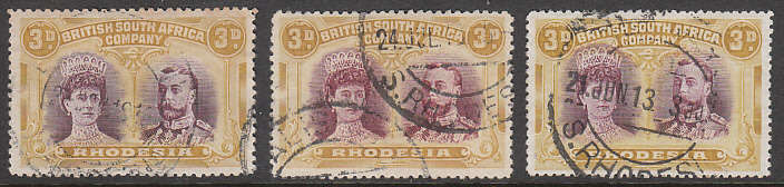 RHODESIA 1910 DOUBLE HEADS 3d X 3 SHADES INCLUDING PERF 15 USED