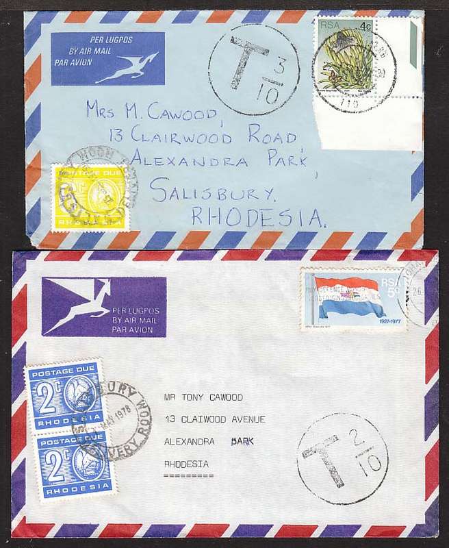 RHODESIA 1978/79 TWO INCOMING TAXED COVERS EX SOUTH AFRICA. SALISBURY DELIVERY ROOM CANCELS