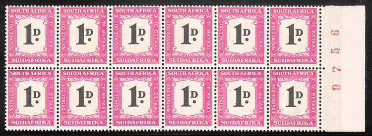UNION 1948 POSTAGE DUES 1d UNHYPHENATED SHEET NUMBER BLOCK OF 12 VERY FINE MNH SACC 34 R4800