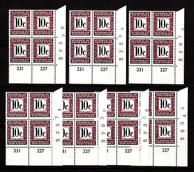 RSA 1967 POSTAGE DUES 10c X 7 CONTROL 231 237 CORNER BLOCKS OF 4 VERY FINE MNH. SACC 60S CAT R700