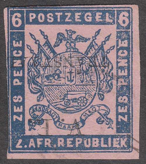 TRANSVAAL 1877 6d BLUE ON ROSE WITH INVERTED OVERPRINT USED. SACC 114b R1300