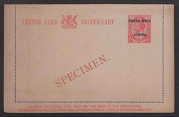 SOUTH WEST AFRICA 1923 1d KINGS HEAD LETTER CARD OVERPRINTED SPECIMEN UNUSED. H&G 1. SEE DESCRIPTION